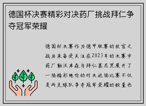 德国杯决赛精彩对决药厂挑战拜仁争夺冠军荣耀